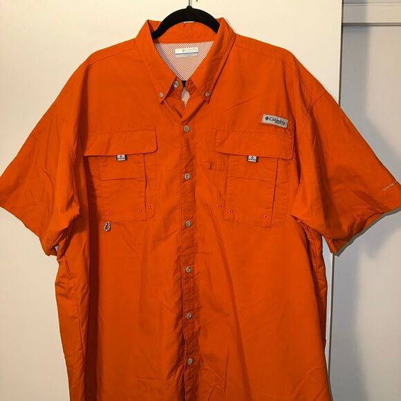 Columbia PFG Mens XL Short Sleeve Button Down Collared Shirt Orange EUC - Picture 6 of 10